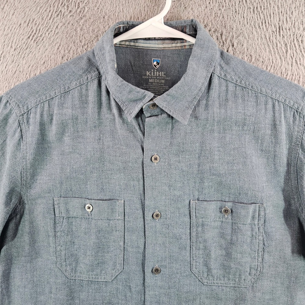 Kuhl Mens Linen Cotton Blend Short Sleeve Button Down Shirt Blue Grey Medium